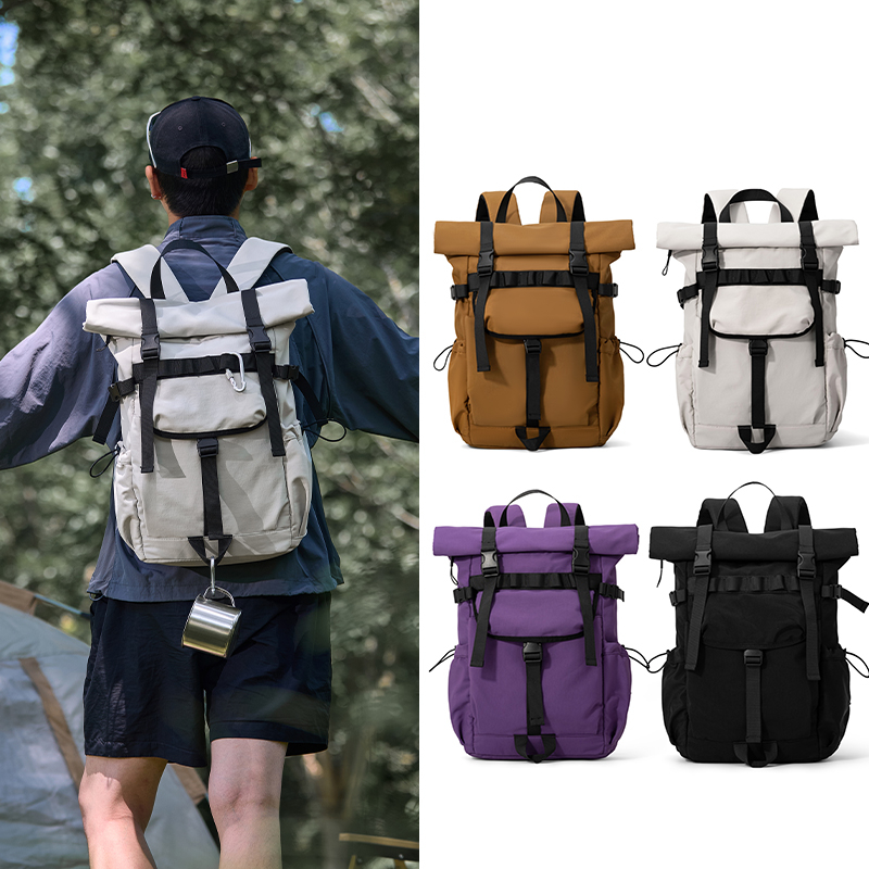 Canvas Backpack Casual - 新しいメンズロールマウス拡張式トラベルバックパック、ノートパソコン用バックパック、アウトドア防水キャンプハイキングバックパック、スクールバッグ